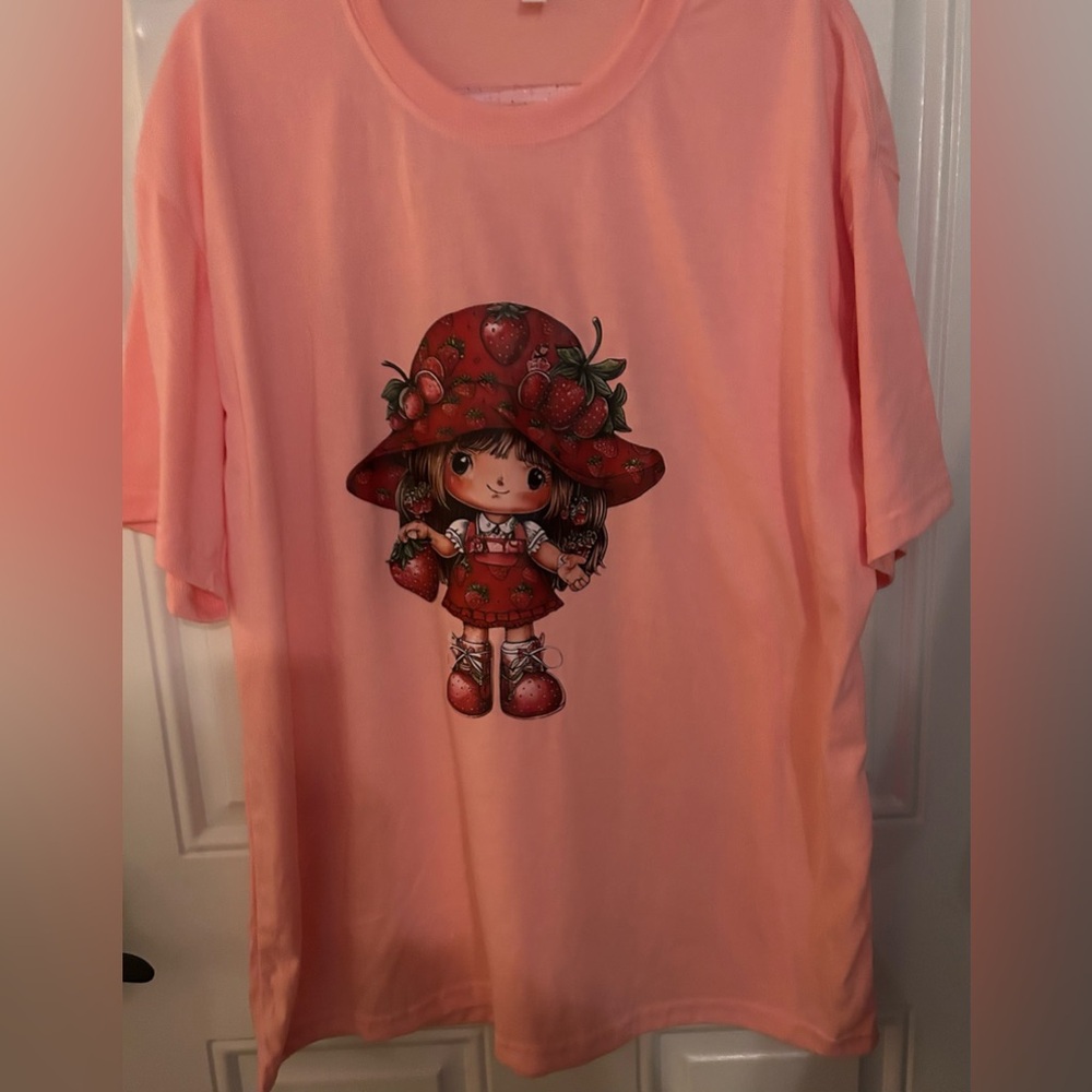 Coral Pink Cartoon Strawberry girl in hat T-shirt